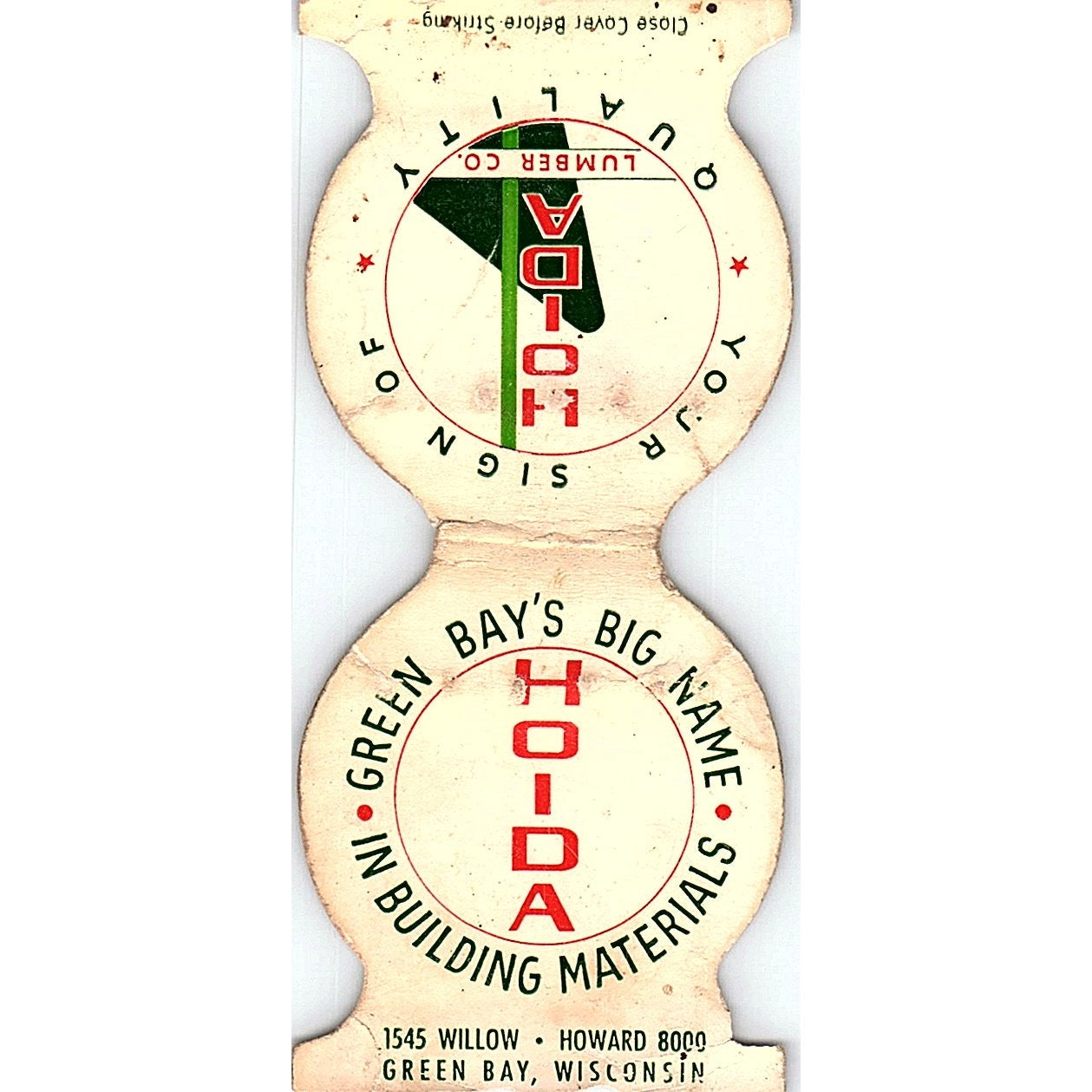 Hoida Lumber Co Green Bay WI Vintage Matchbook Cover TH2-Y4