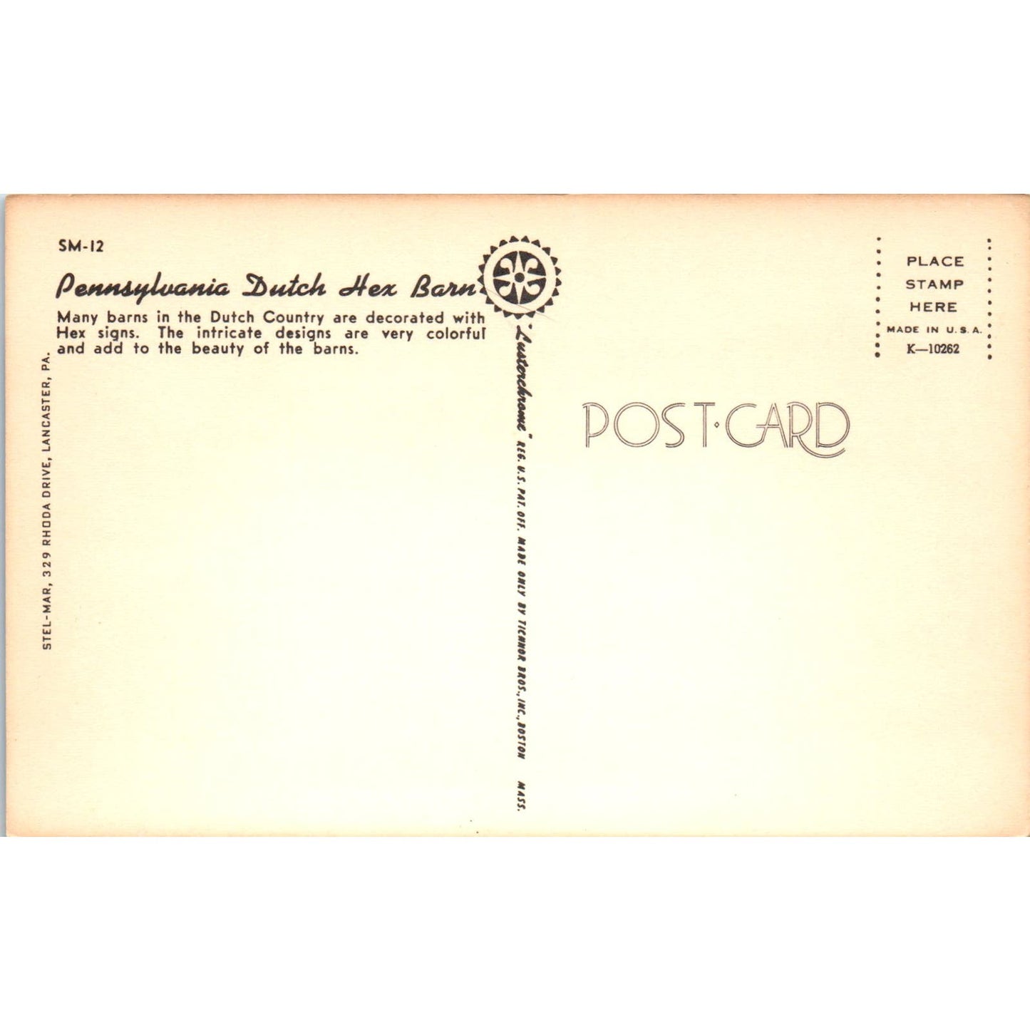 Red Pennsylvania Dutch Hex Barn Vintage Postcard PD4