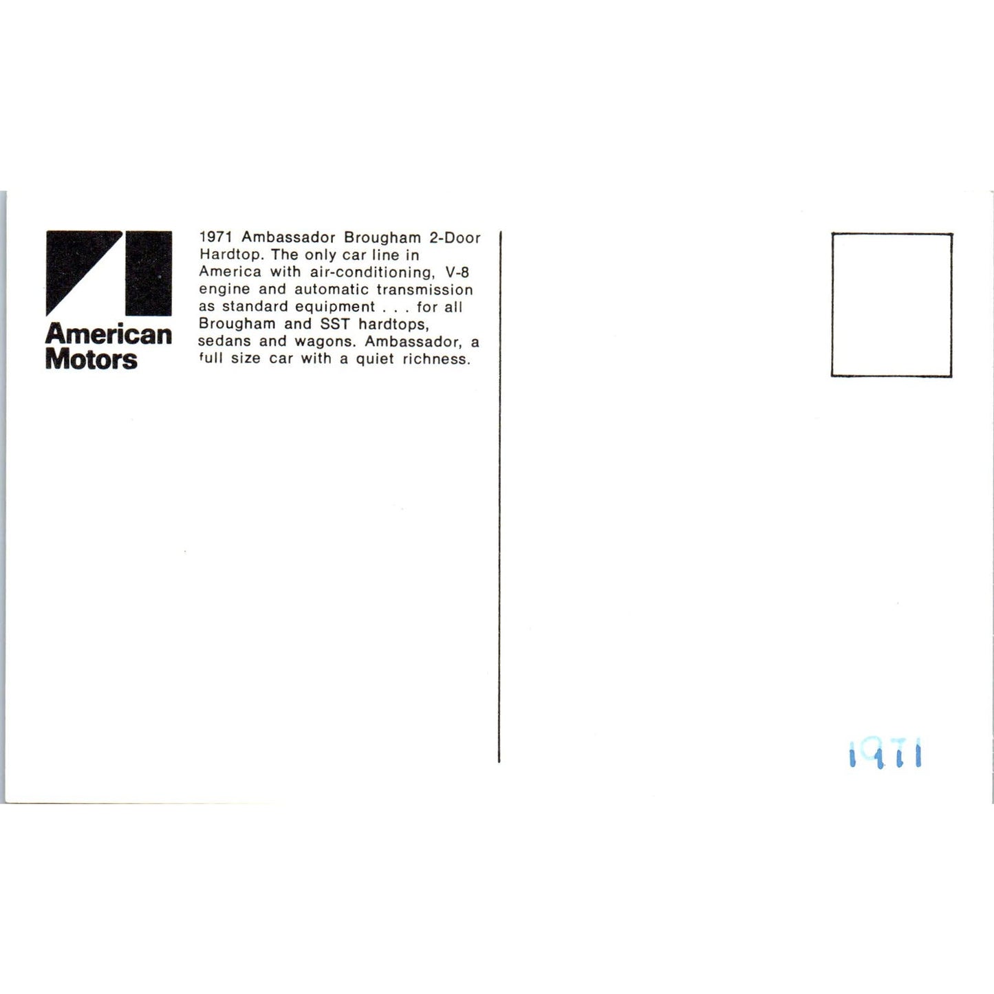 1971 Ambassador Brougham 2-Door Hardtop Black Promo Vintage Postcard PC6