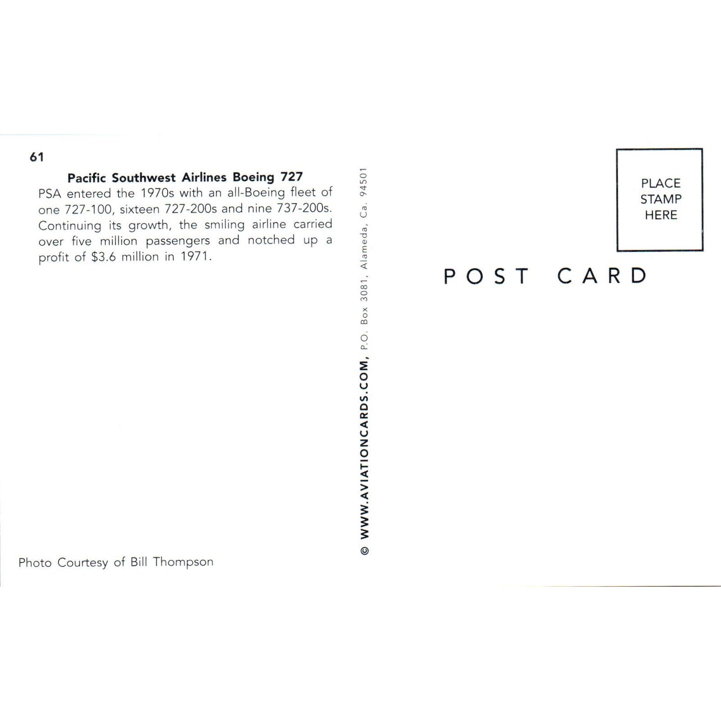 Pacific Southwest Airlines Boeing 727 Vintage Postcard PC2