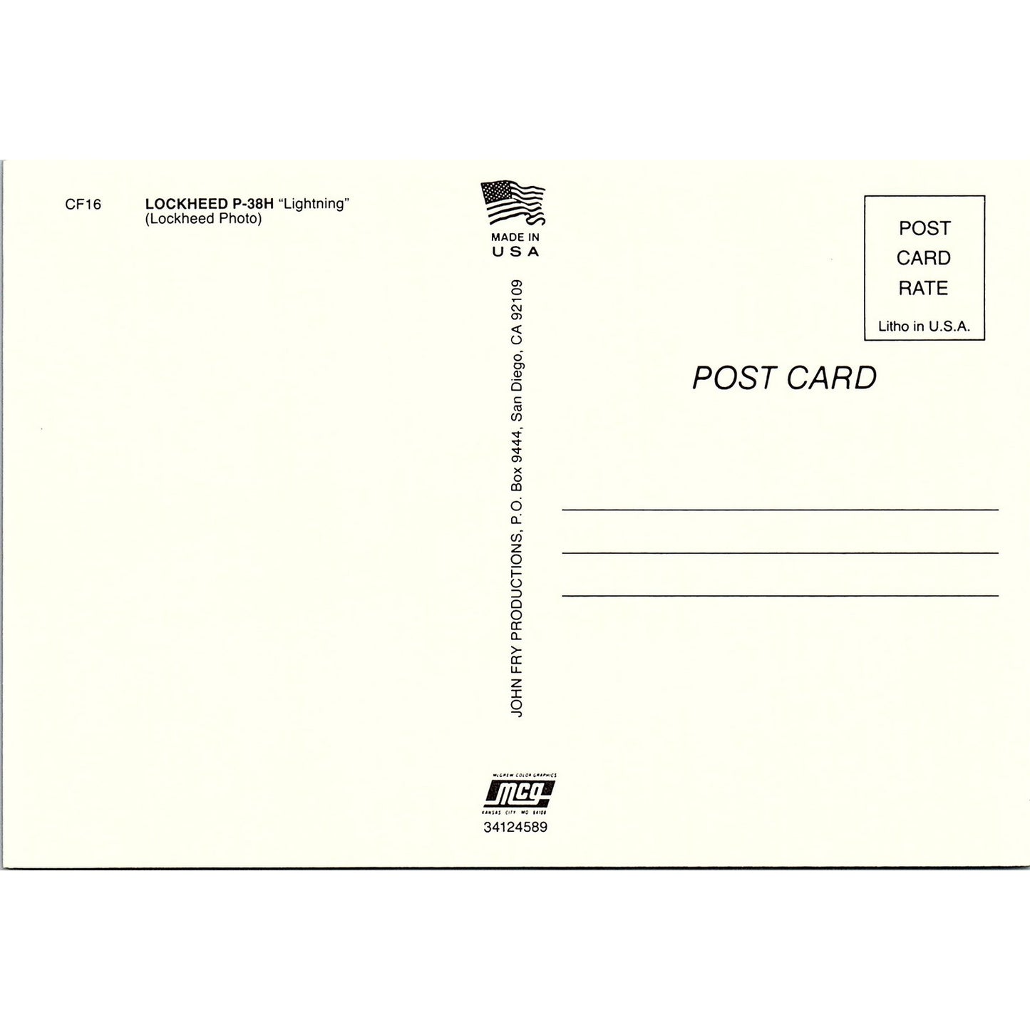 Lockheed P-38H Lightning Jet Plane Vintage Postcard AF9-H2
