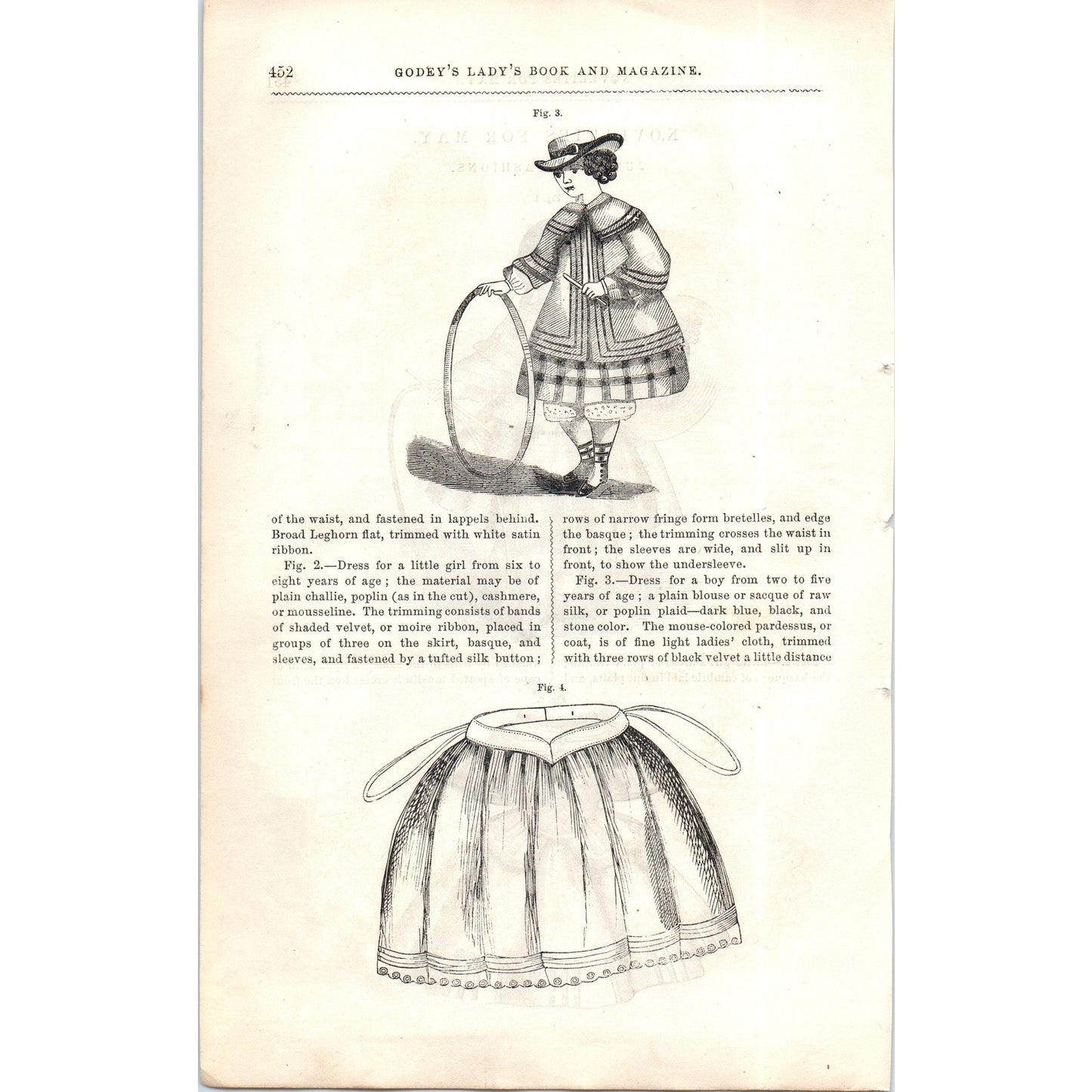 Pre Civil War Children's Fashions Fashion Plate 1857 Original Engraving D19-1