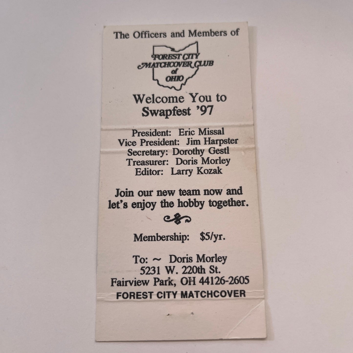 Forest City Matchcover Club of Ohio Swapfest 1997 Vintage Matchbook TB6-MB2-7