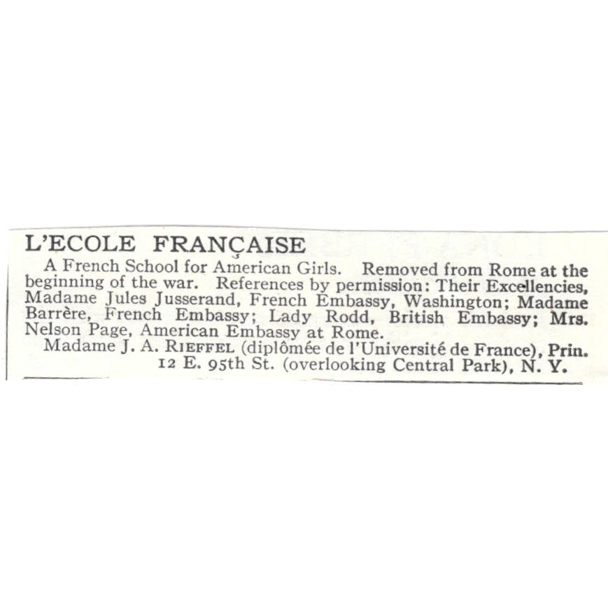 L'ecole Française French School J.A. Rieffel NY c1918 Advertisement AE5-SA6