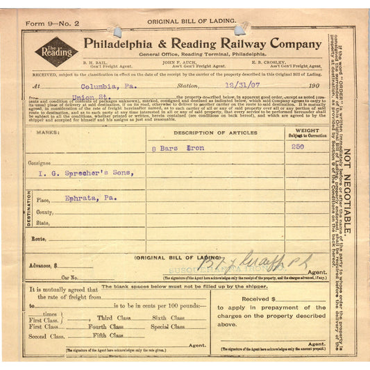 1907 Philadelphia & Reading Railway Company Waybill Billhead Receipt D11