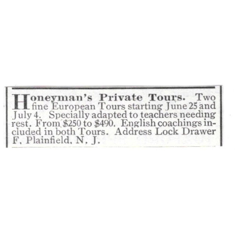 Honeyman's Private Tours of Europe Plainfield NJ 1903 Ad AF8-S38