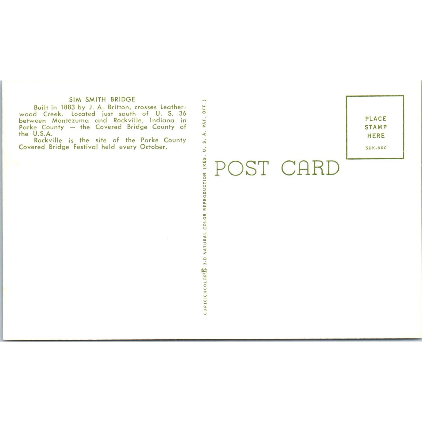 Sim Smith Bridge Parke County 23 IN Vintage Covered Bridge Postcard PD5