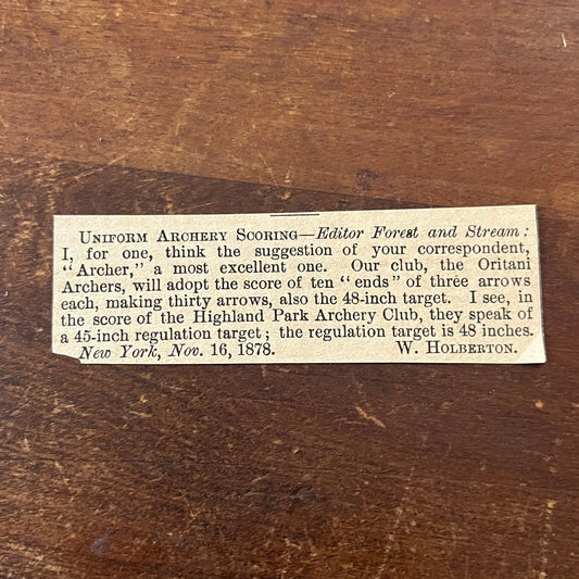 Oritani Archers Club Scoring Update W. Holberton NY 1878 Article AG2-S16