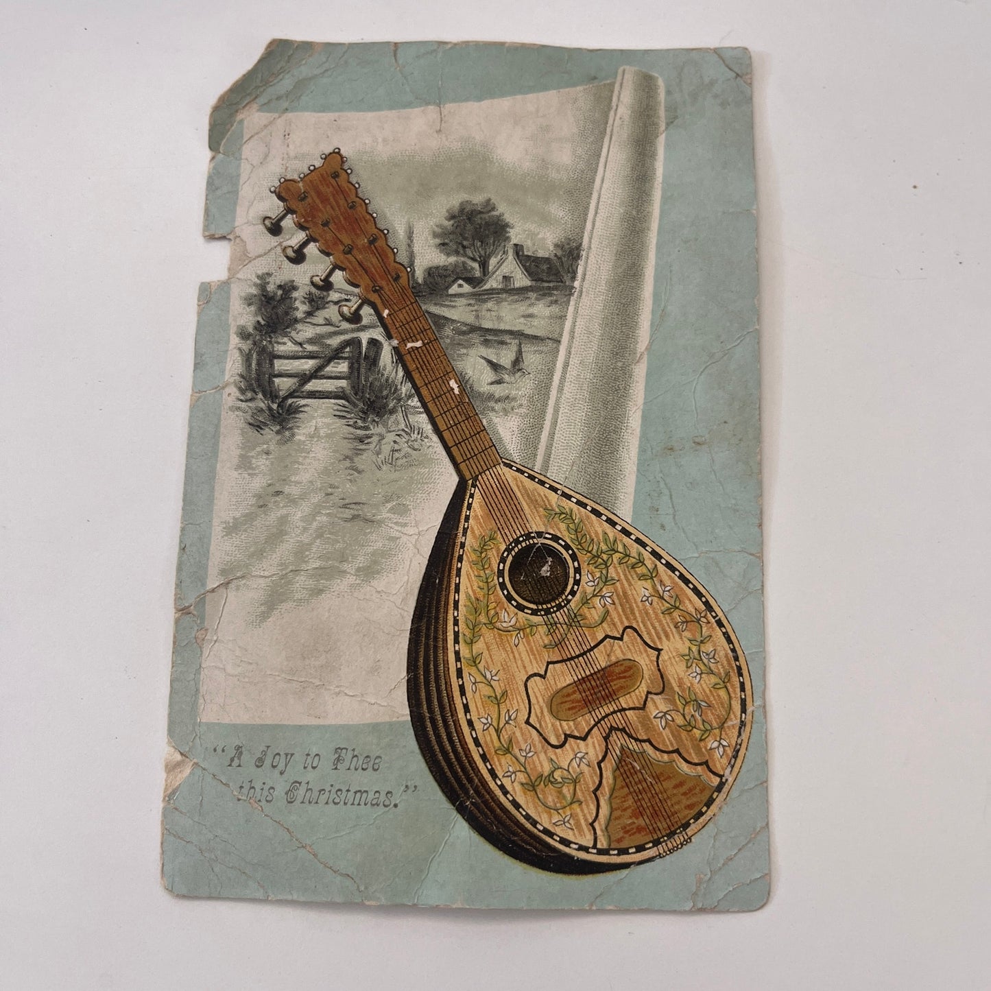 A Joy To Thee This Christmas Mandolin Lute 1880s Victorian Trade Card AG8-H4
