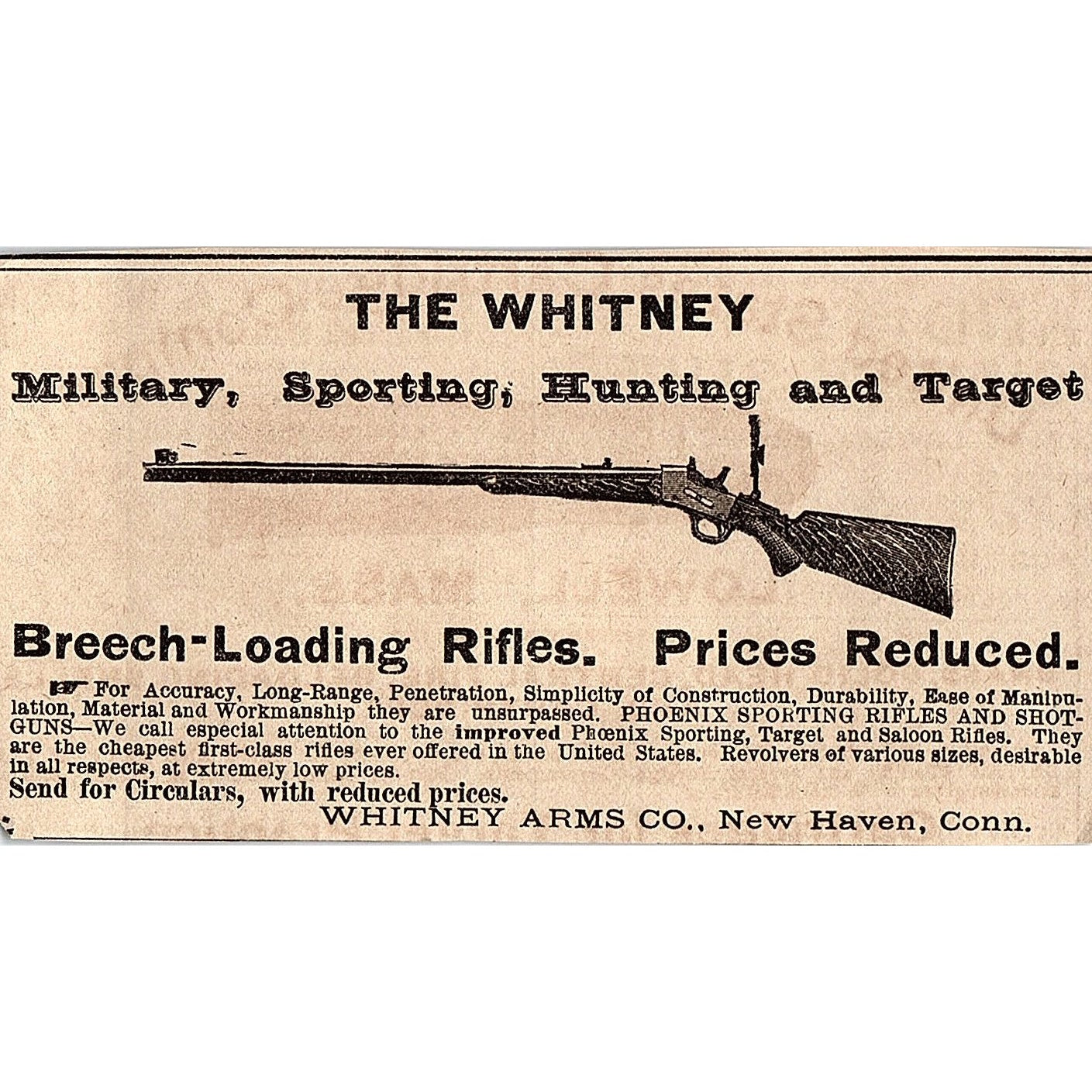 The Whitney Breech Loading Rifle Whitney Arms Co New Haven CT 1878 Ad AG2-H4