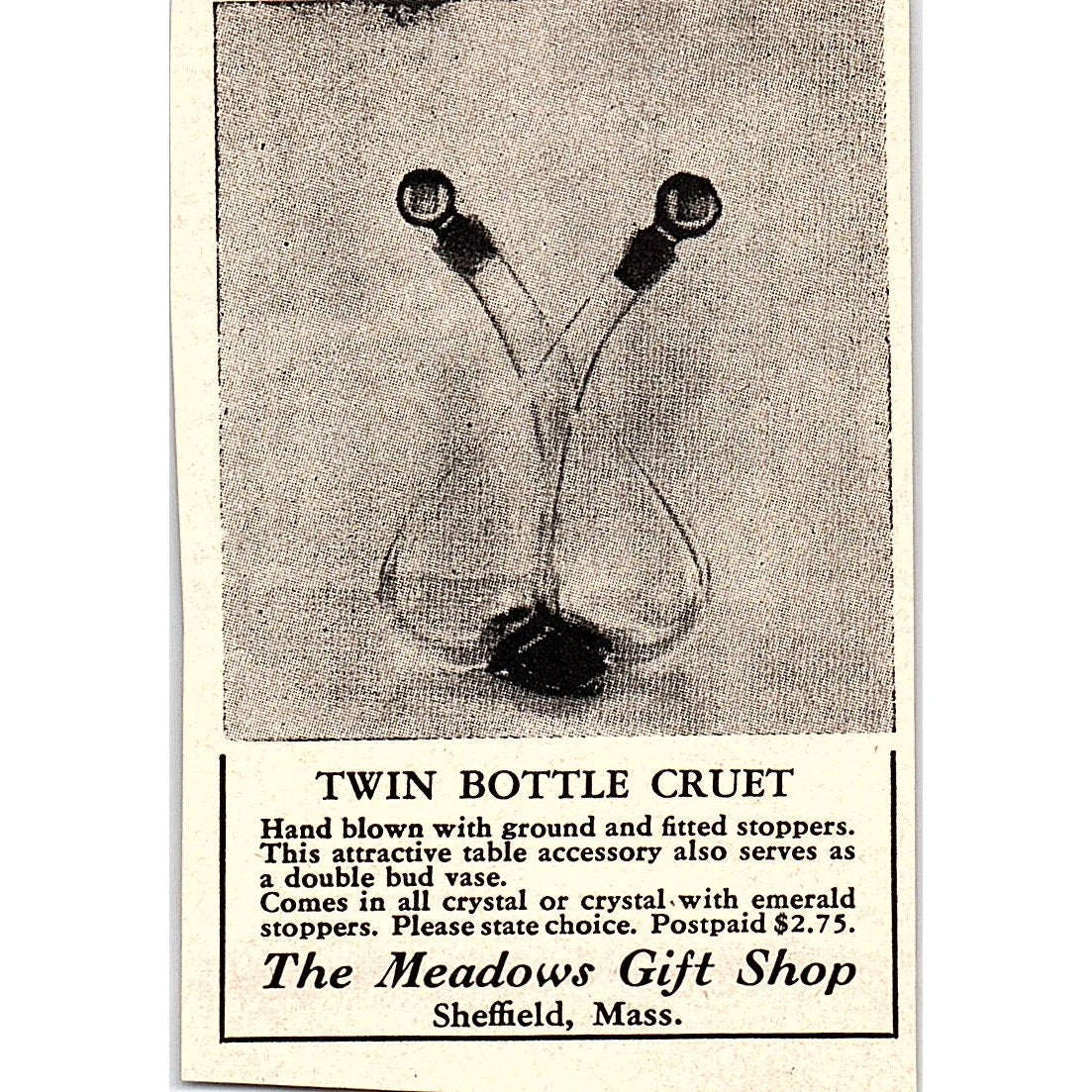 The Meadows Gift Shop Twin Bottle Sheffield MA 1952 Yankee Magazine Ad SAG5-M2