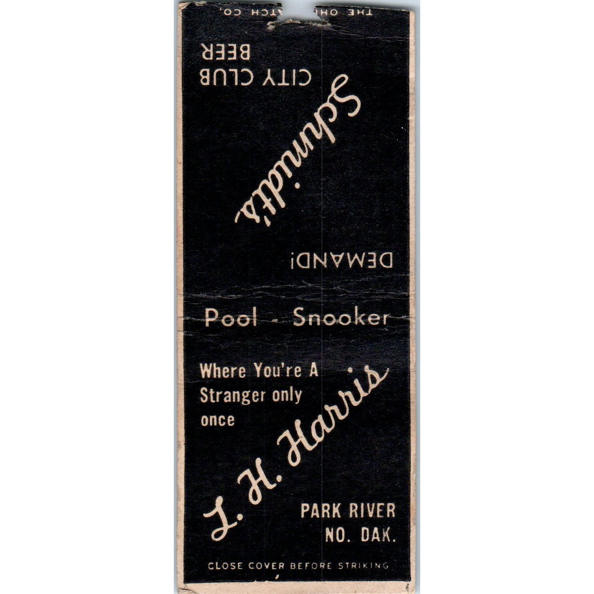 L.H. Harris Park River North Dakota Pool Snooker Vintage Matchbook Cover SD4-Y12