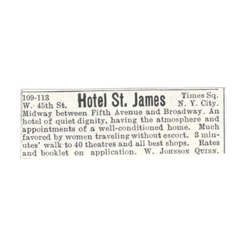 Hotel St. James Times Sq NY W. Johnson Quinn 1918 Original Advertisement AE5-SV6