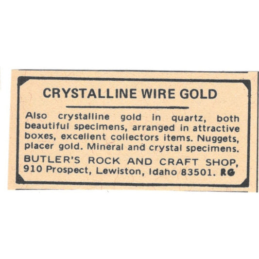Crystalline Wire Gold Butler's Rock & Craft Shop Lewiston ID 1971 Ad AD8-O2