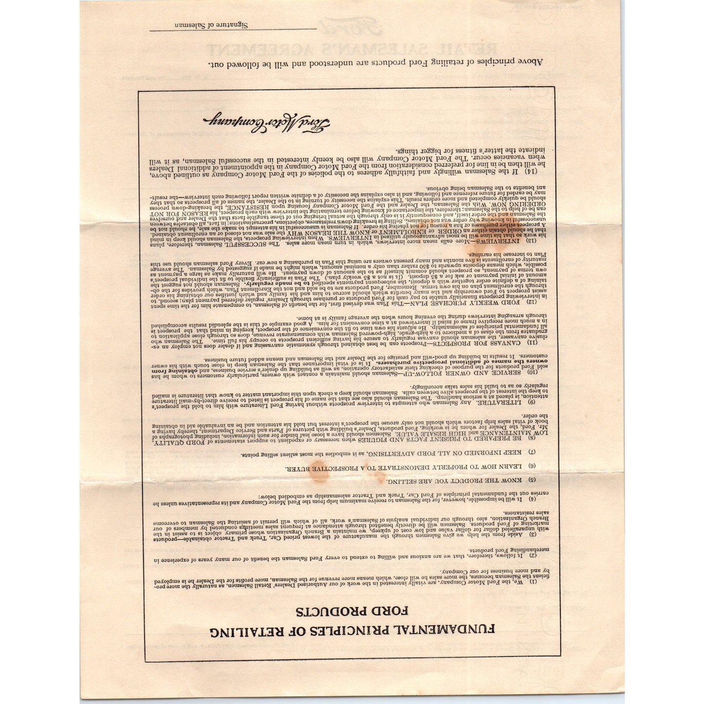 1920s Ford Motor Company Retail Salesman's Agreement Form Blank AD8-R7