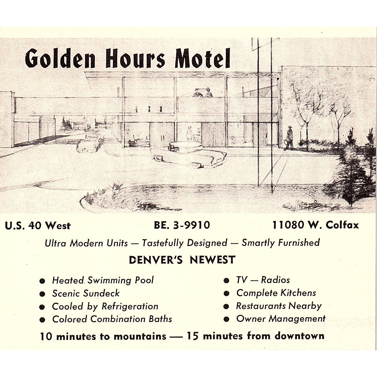 La Fonda Motel John & Ada Landaker, Golden Hours Motel Denver CO 1958 Ad AG1-H1