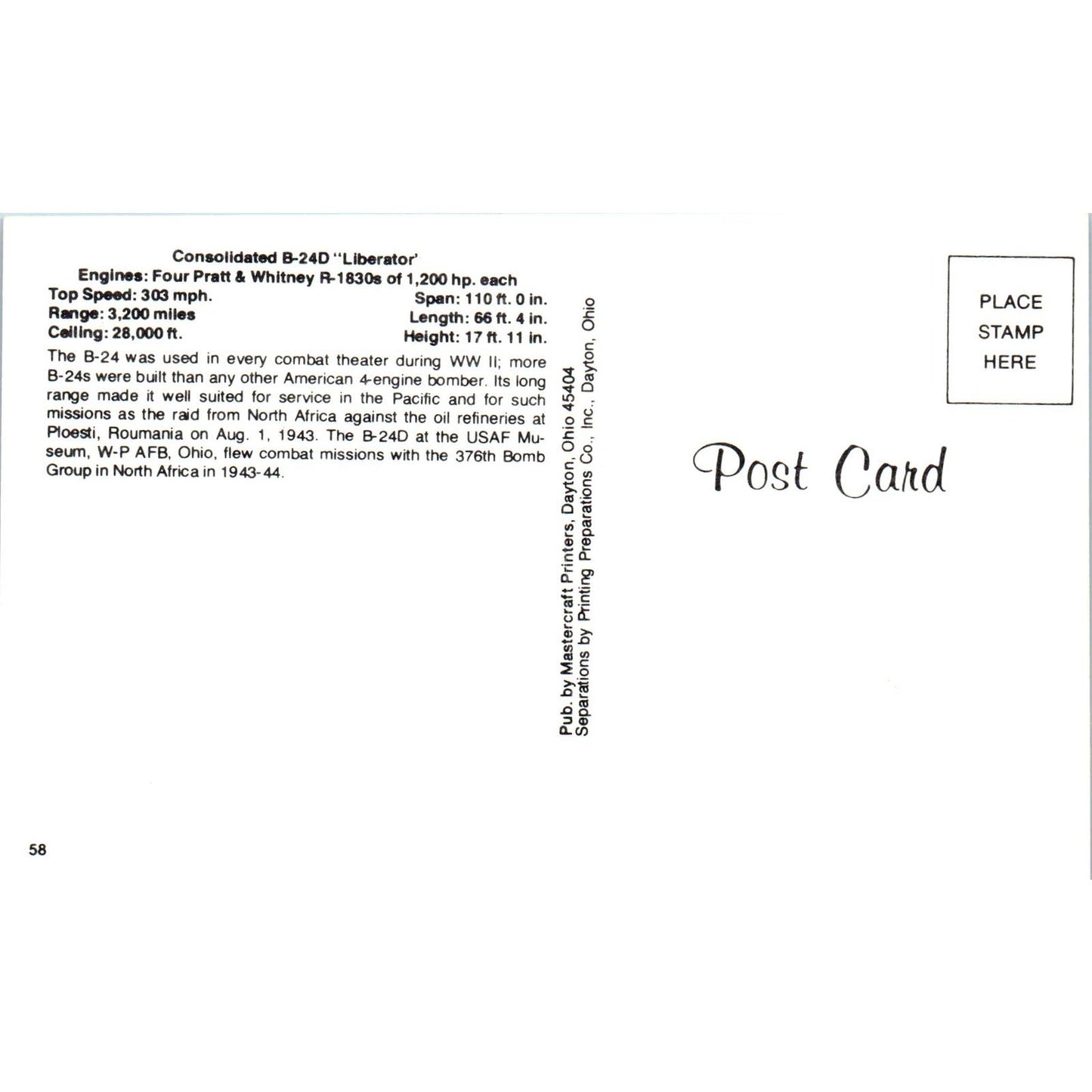 Consolidated B-24D Liberator Vintage Postcard PC2