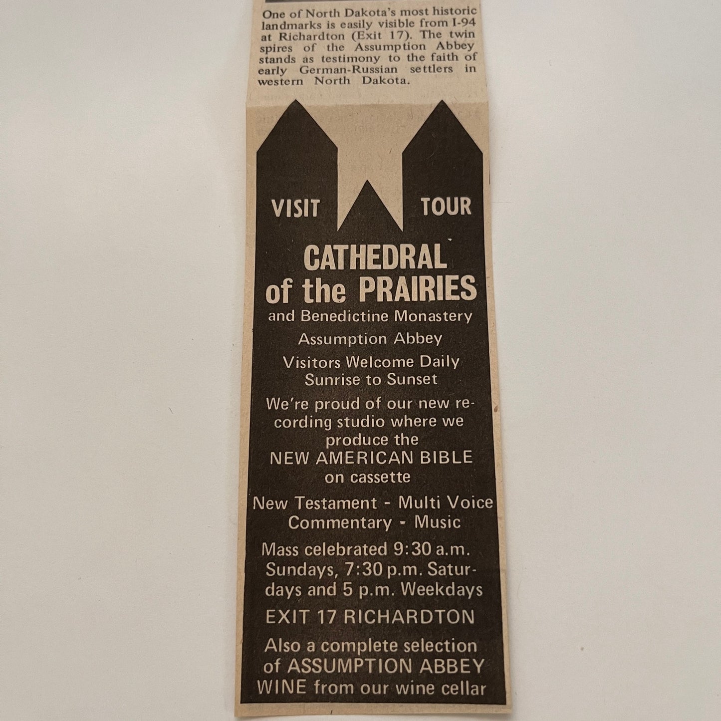 Assumption Abbey Cathedral of the Prairies Richardton ND 1977 Tourism Ad AG6-H1