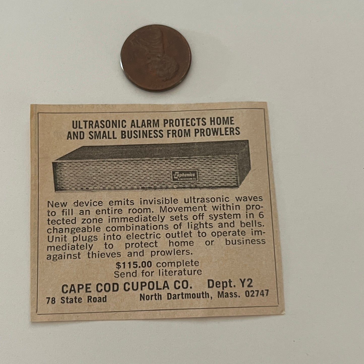 Cape Cod Cupola Co Ultrasonic Alarm North Dartmouth MA 1971 Magazine Ad SAG4-S14