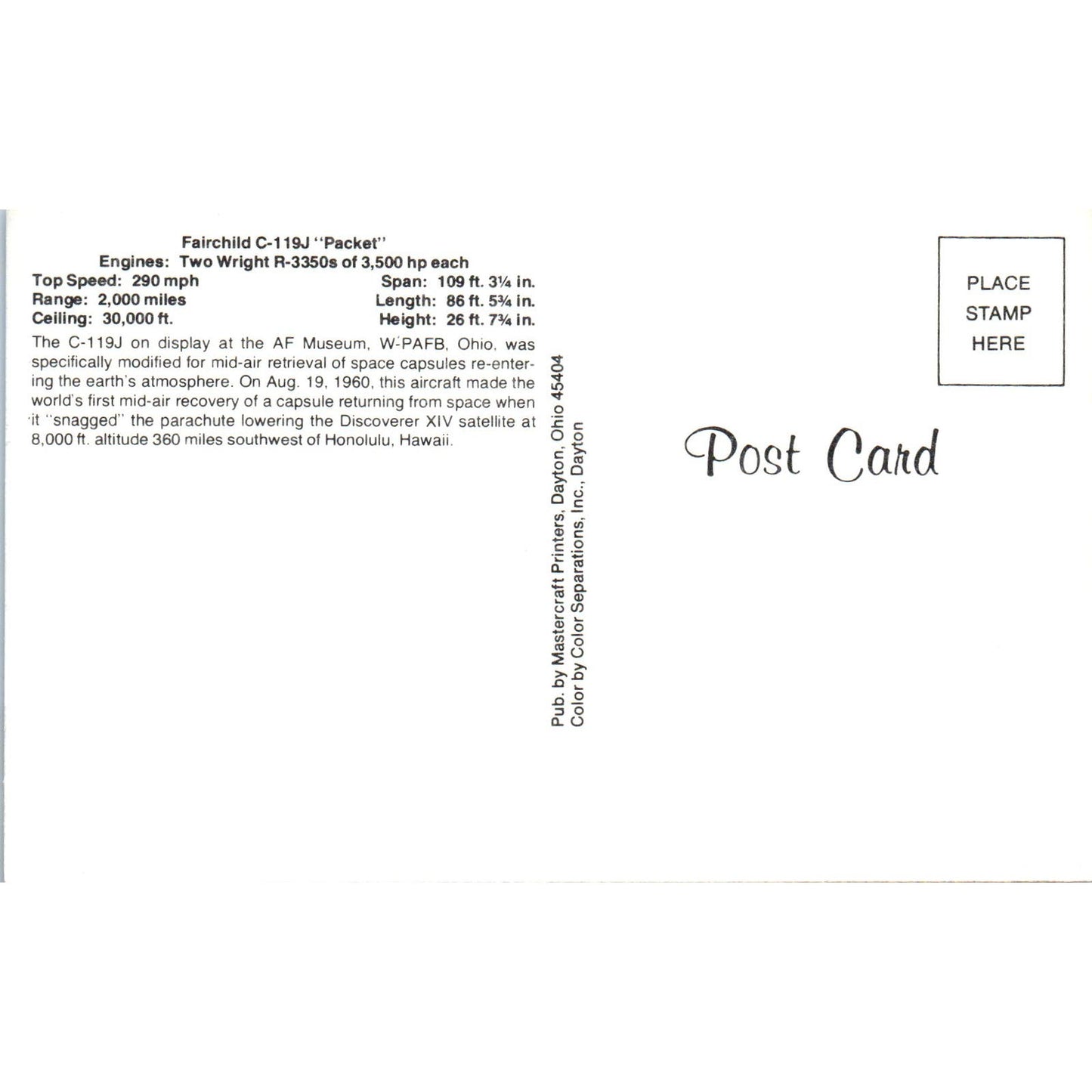 Fairchild C-119J Packet Vintage Postcard TG8-PC