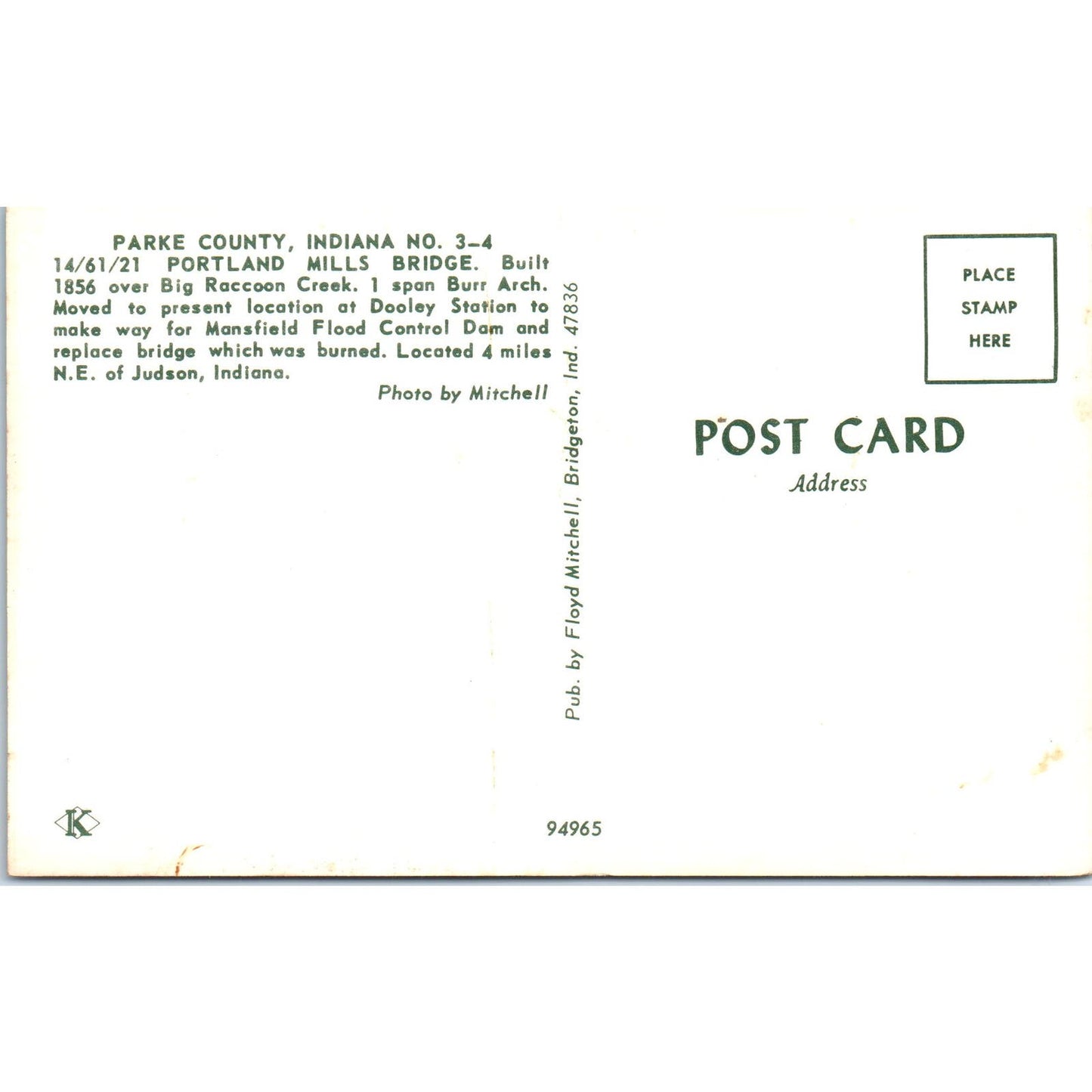 Parke County IN 3-4 Portland Mills Bridge Vintage Covered Bridge Postcard PC14