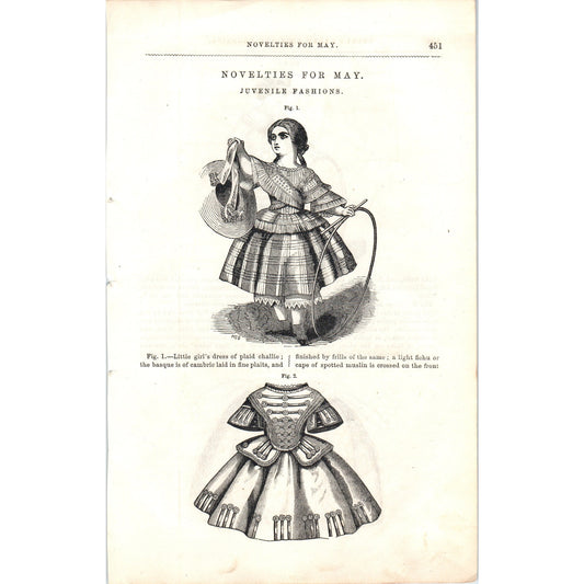 Pre Civil War Children's Fashions Fashion Plate 1857 Original Engraving D19-1