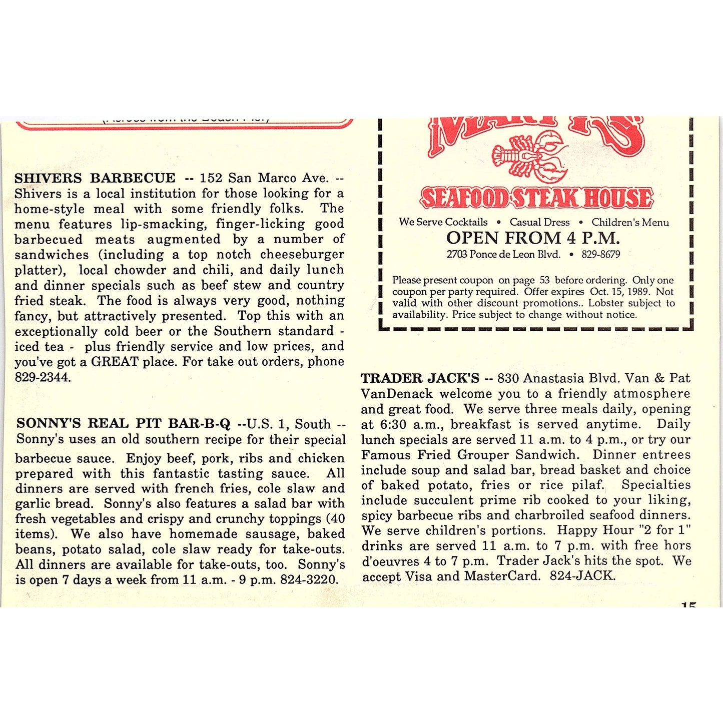 Wendy's Restaurant St. Augustine FL 1989 Ad AF9-12
