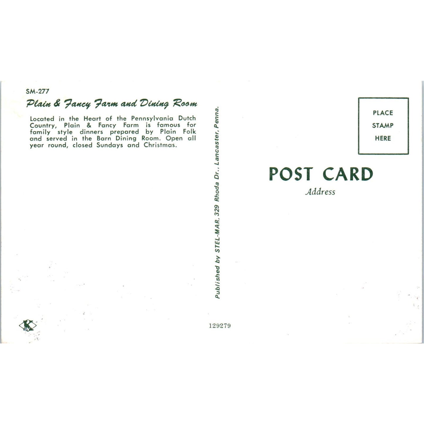 Plain & Fancy Farm & Dining Room Pennsylvania Dutch Country Vintage Postcard PD5