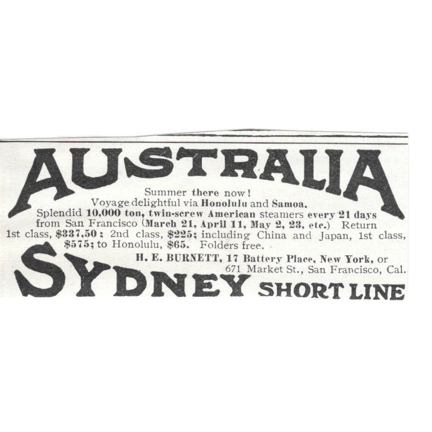 Australia Sydney Short Line San Francisco CA HE Burnett c1920 Harper's Ad AG4-S7