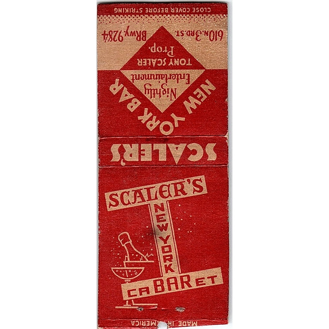 Tony Scaler New York Cabaret Bar Vintage Matchbook Cover SC7-Y7