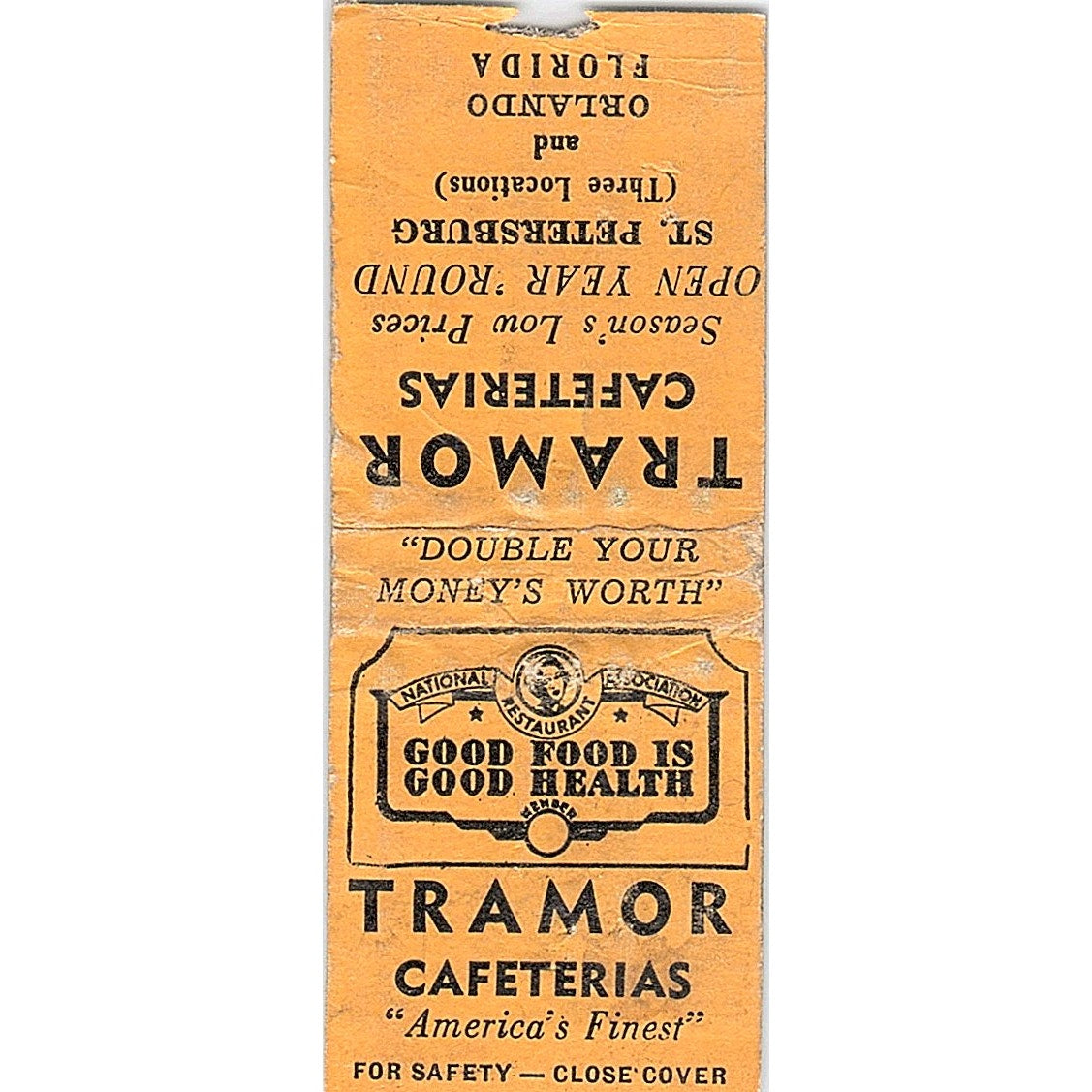 Tramor Cafeterias St. Petersburg & Orlando FL Vintage Matchbook Cover SC7-Y7