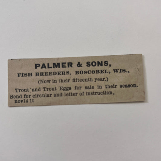 Palmer & Sons Fish Breeders Boscobel Wisconsin 1878 Ad AG2-M16