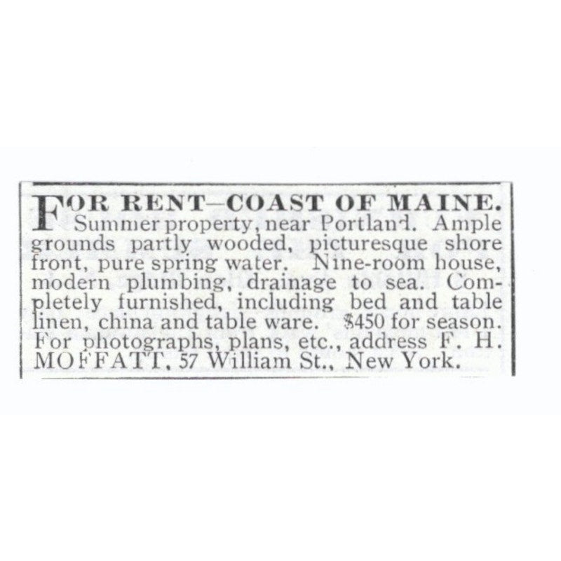 Summer Property Portland Maine F.H. Moffatt NY 1903 Magazine Ad AF7-SS3