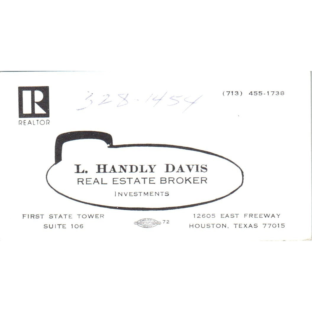 L. Handly Davis Real Estate Houston TX Vintage Business Card SD8-B2