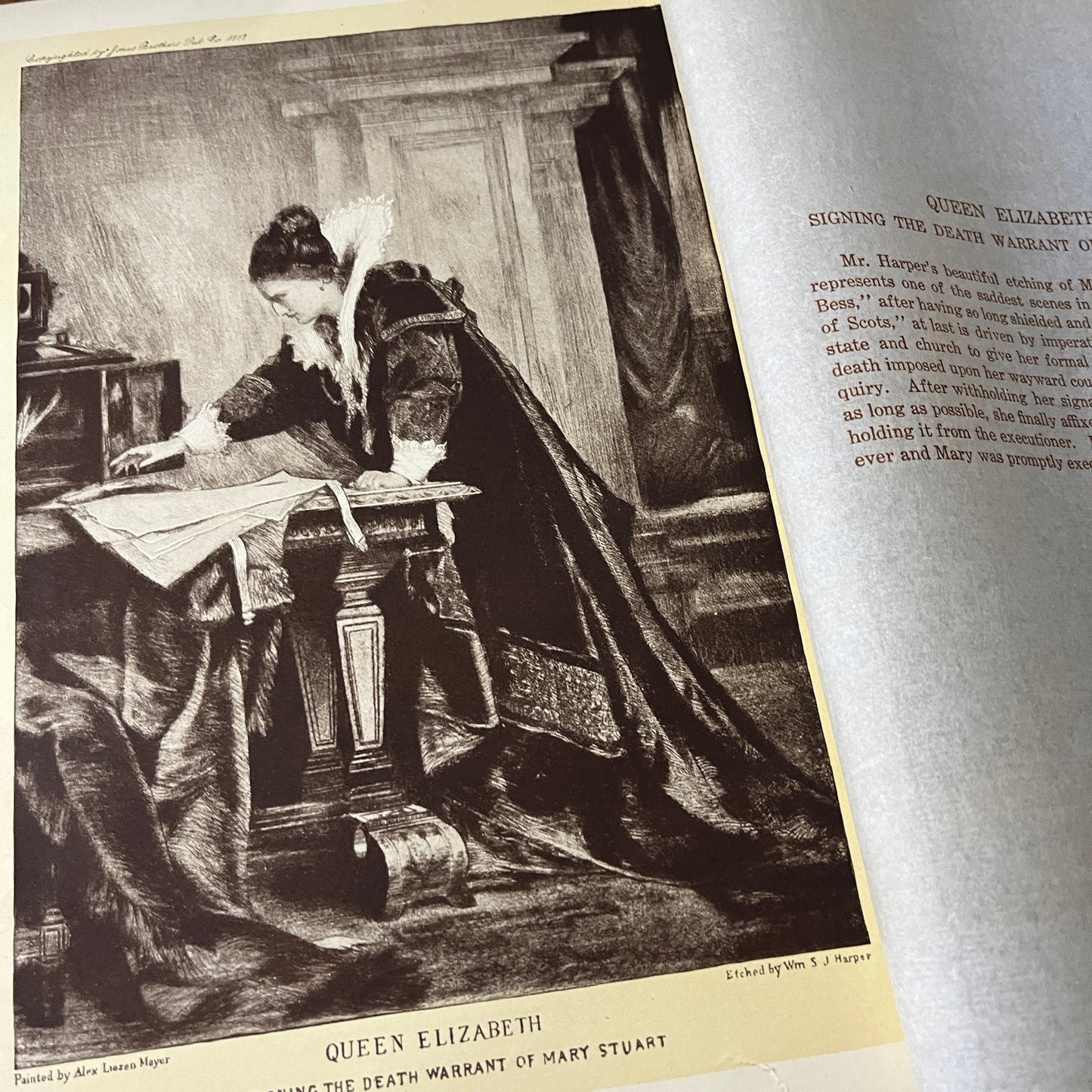 Queen Elizabeth Signing Death Warrant of Mary Stuart 1911 Engraving Print D19