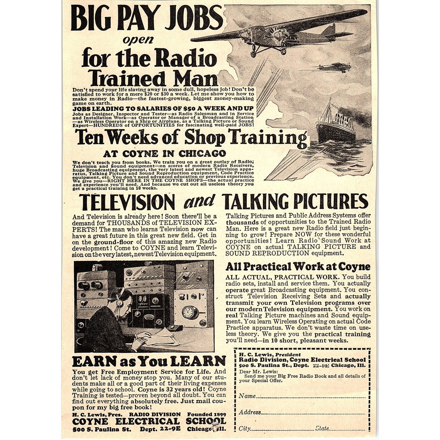 Radio & Television Training Coyne Electrical School Chicago 1931 Ad AG1-14