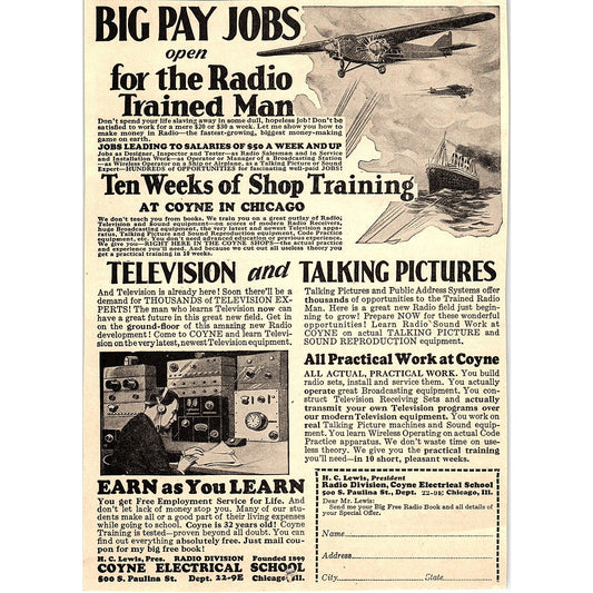 Radio & Television Training Coyne Electrical School Chicago 1931 Ad AG1-14