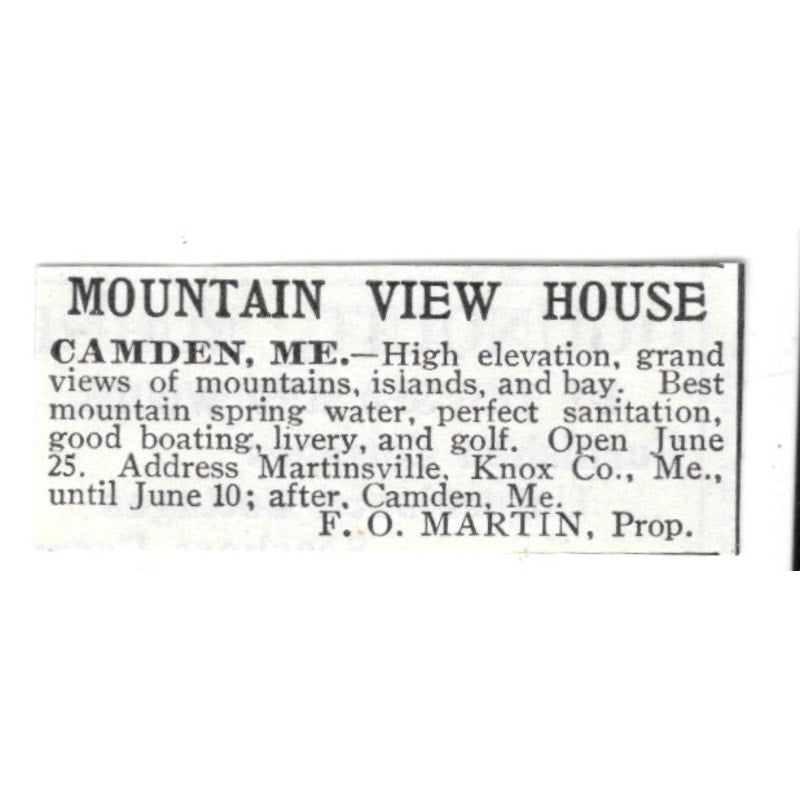 Mountain View House Camden ME Martinsville Knox Co F.O. Martin 1903 Ad AF8-S37