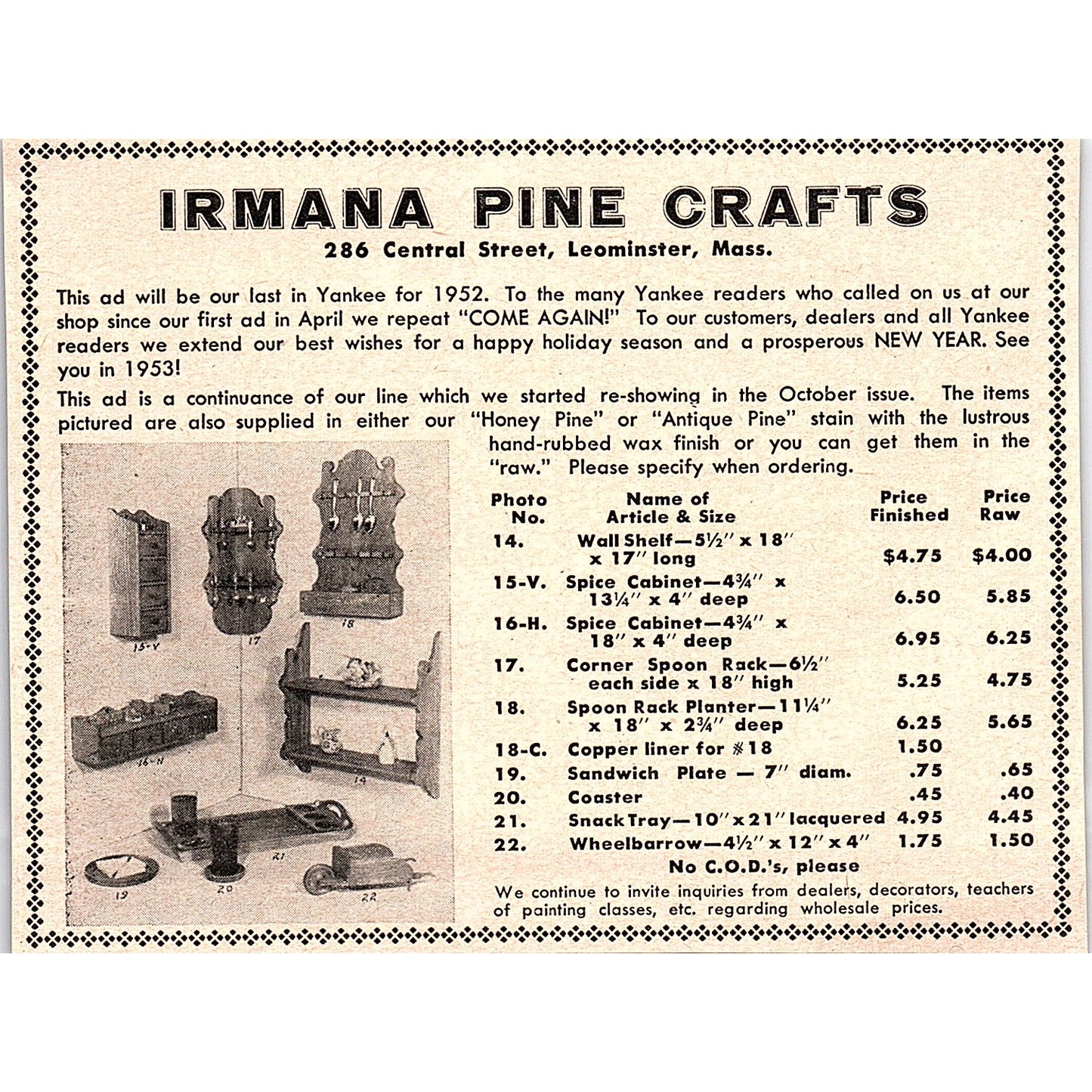 Irmana Pine Crafts Antique Pine Leominster MA 1952 Yankee Magazine Ad SAG5-H8
