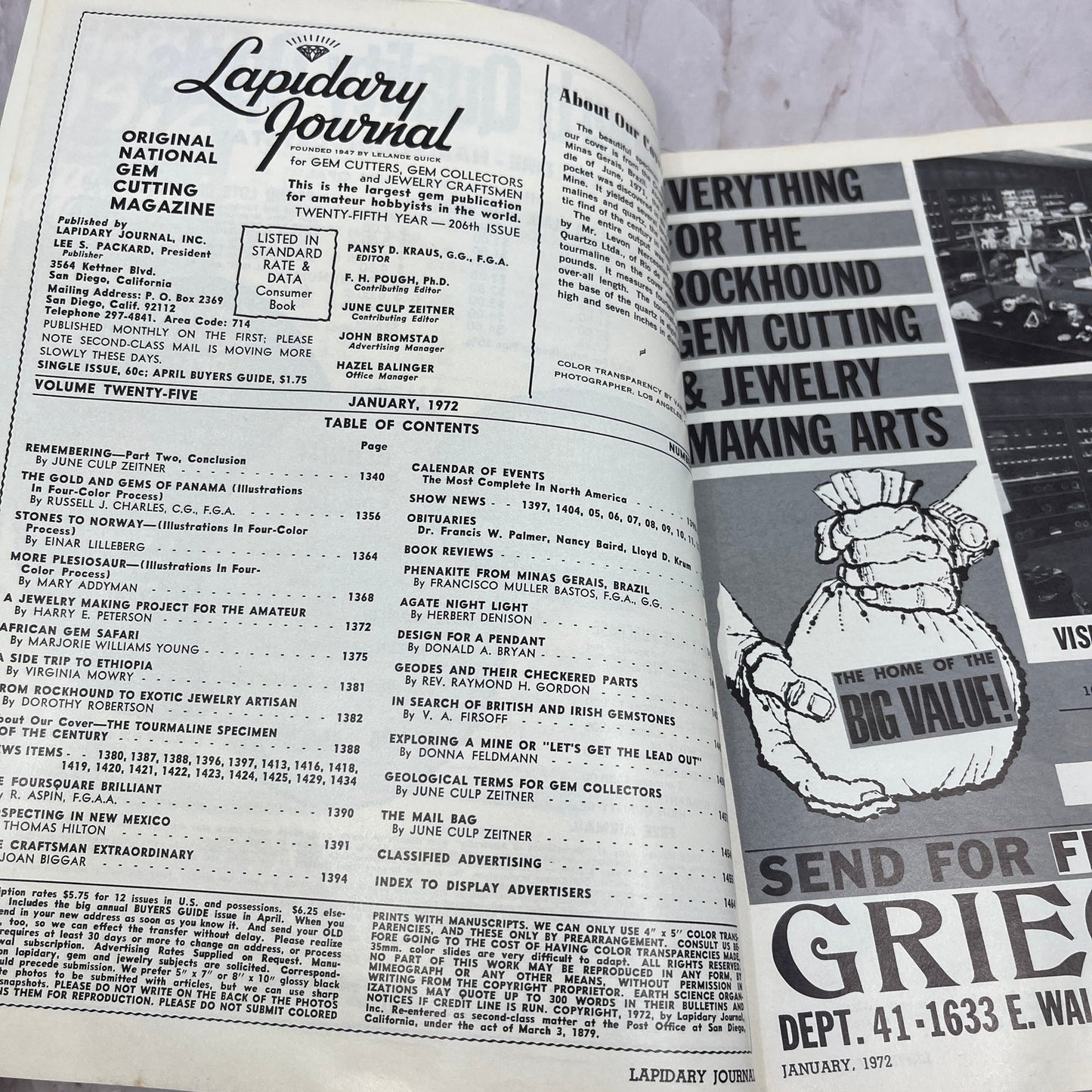 Tourmaline and Quartz Cruzeiro Mine Brazil - Lapidary Journal - Jan 1972 M27