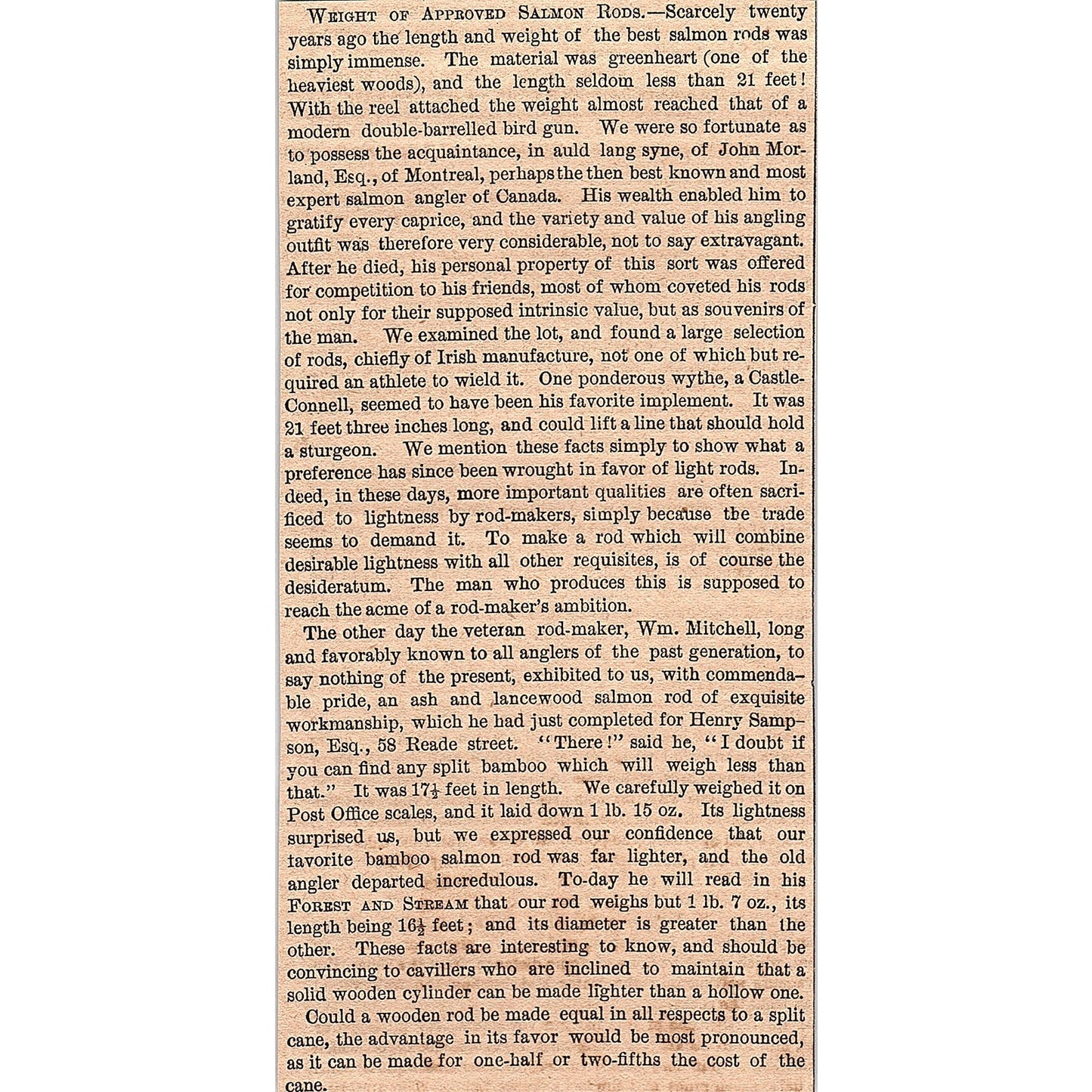 Weight of Salmon Rods - John Morland Esq of Montreal Canada 1878 Article AG2-7