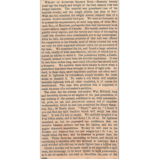 Weight of Salmon Rods - John Morland Esq of Montreal Canada 1878 Article AG2-7