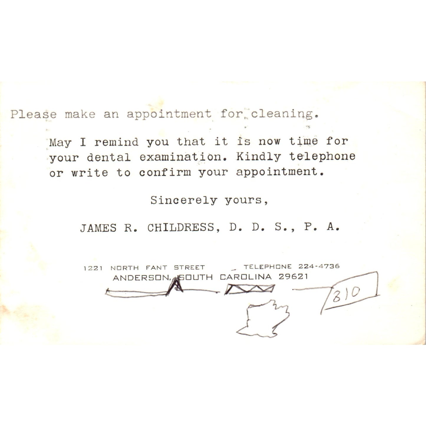 1984 Dental Cleaning Appointment Card James R. Childress Anderson SC TI5-PC1