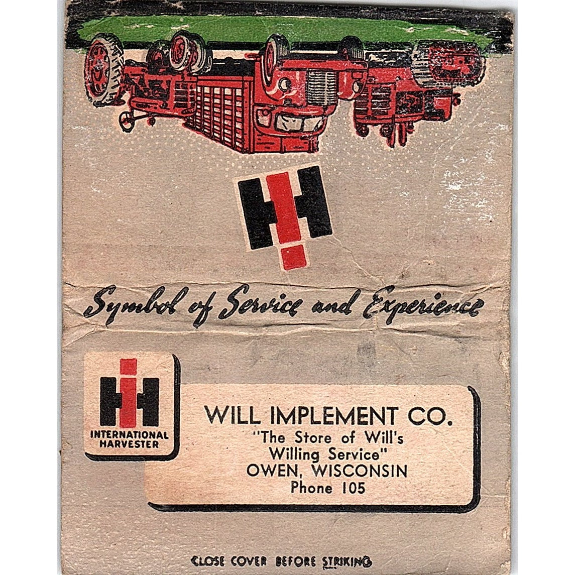 International Harvester Will Implement Co Owen WI Large Matchbook Cover TH2-Y1