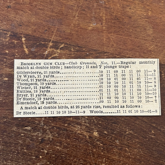 Nov 1878 Brooklyn Gun Club Pigeon Match Gildersleeve, Dr Wynn 1878 Clip AG2-S18