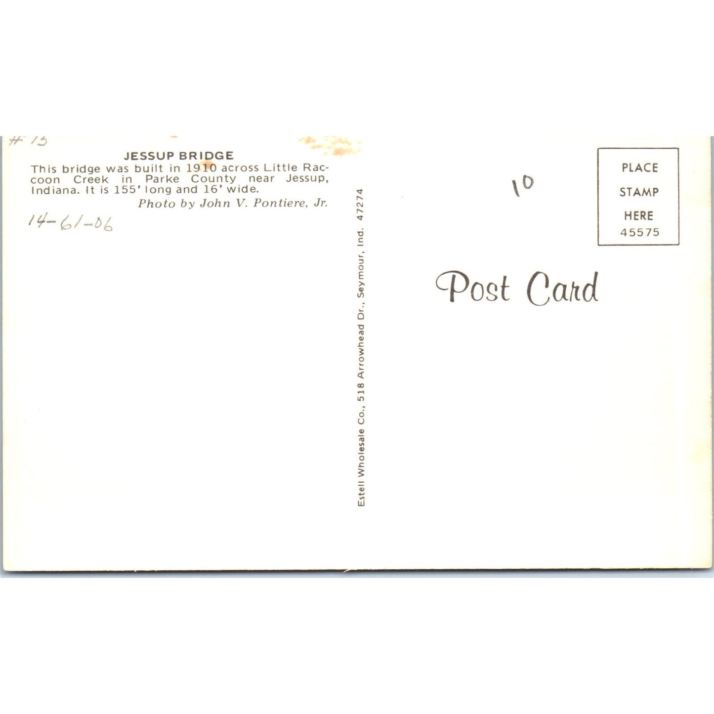 Jessup Bridge Little Raccoon Creek IN Vintage Covered Bridge Postcard PC13