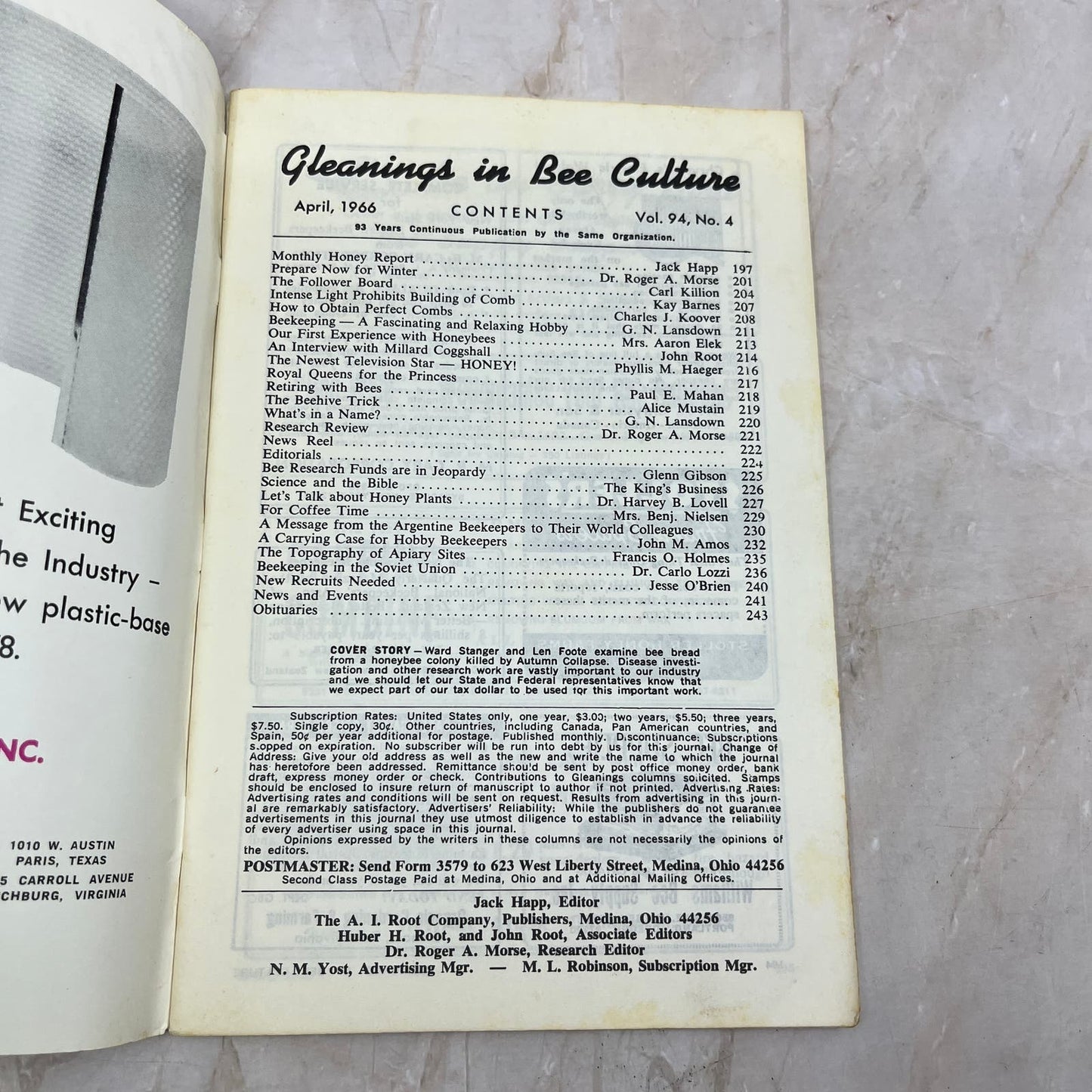 1966 April Gleanings in Bee Culture Magazine Bees Beekeeping Honey TD7