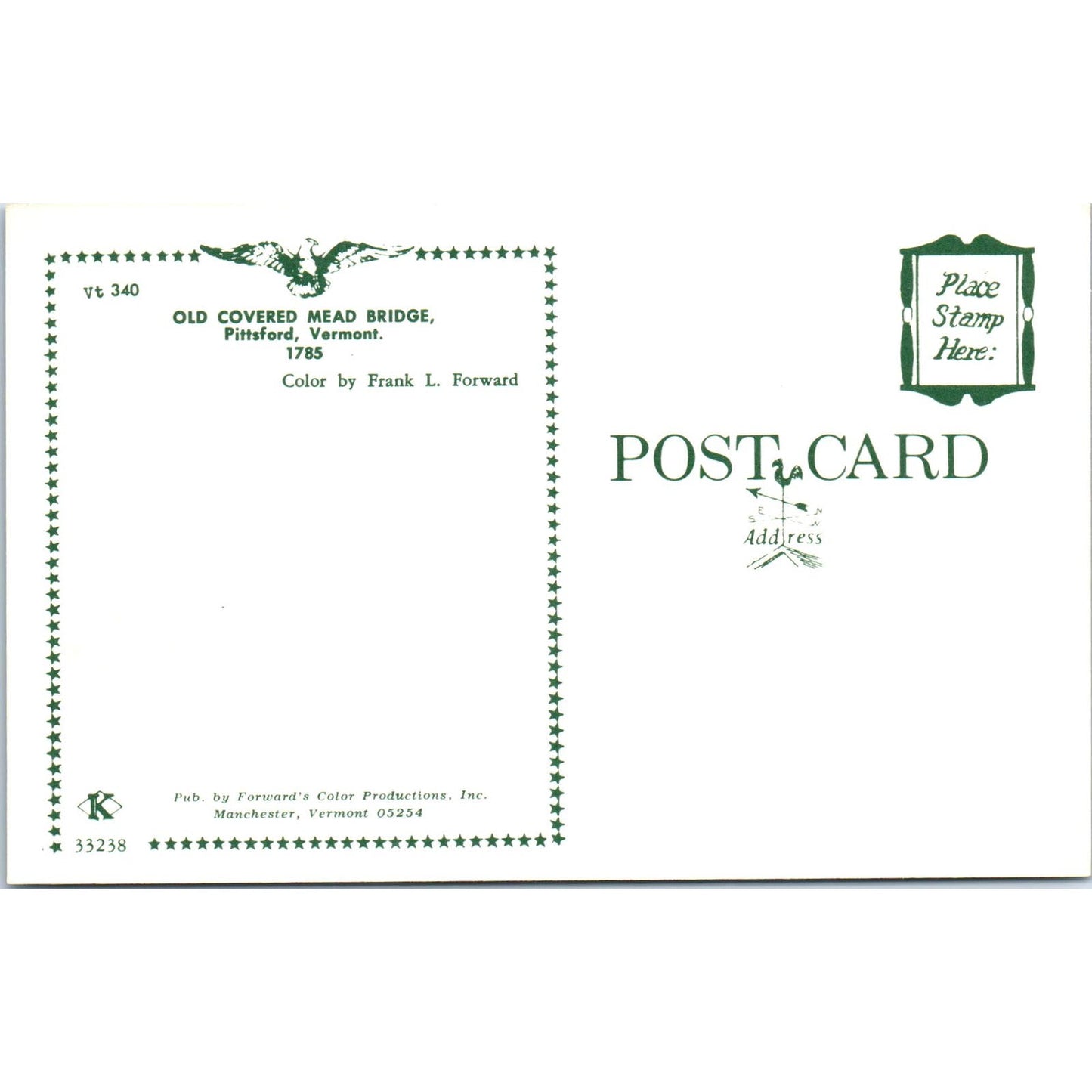 Old Covered Mead Bridge Pittsford VT Vintage Covered Bridge Postcard PD6