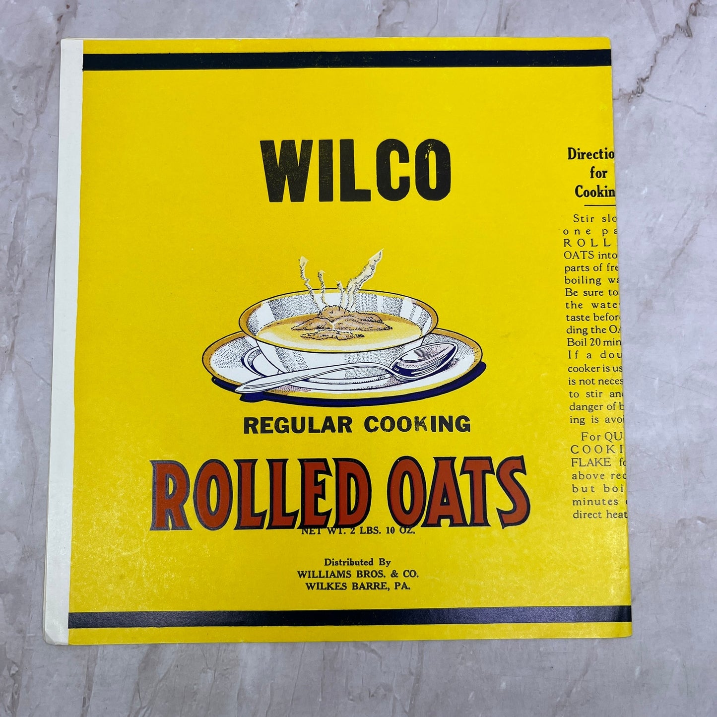 Wilco Regular Cooking Rolled Oats Label Williams Bros. & Co. Wilkes Barre PA TH9