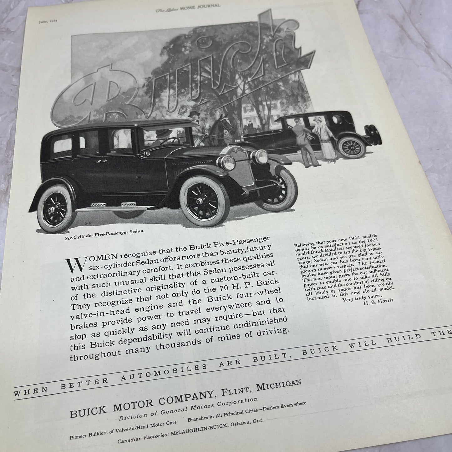 Buick 5 Passenger 70 HP Sedan Flint Michigan 1924 Magazine Ad FL6-11